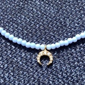 Light Blue Beaded Necklace With Gold & CZ Halfmoon Pendant